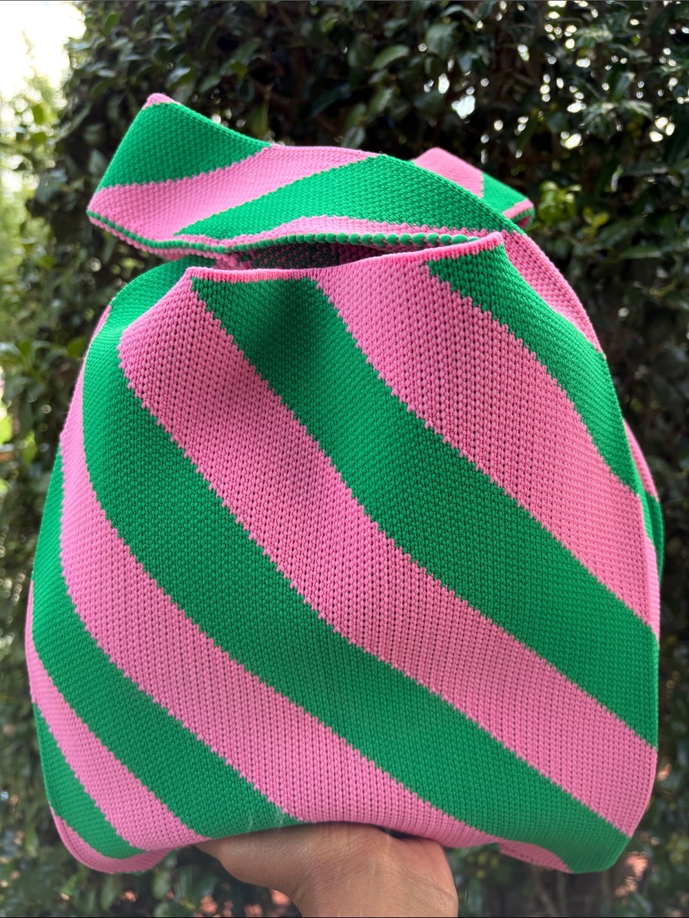 Striped Pink & Green Knit Tote Bag